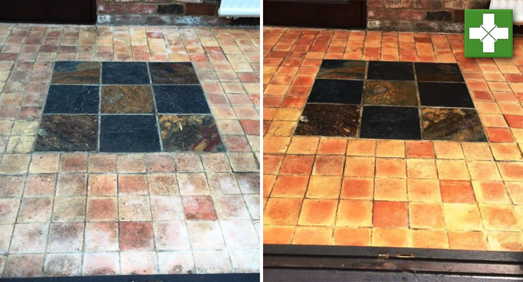 Grubby Terracotta and Slate Conservatory Floor Bicester Before After Cleaning