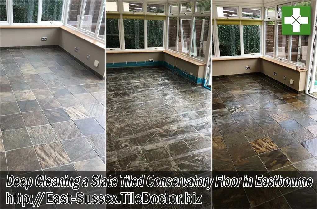Slate Tiled Conservatory Floor Before and After Cleaning Eastbourne
