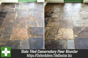 Slate Tiled Conservatory Floor Covered in Sticky Oil Residue Restored in Bicester