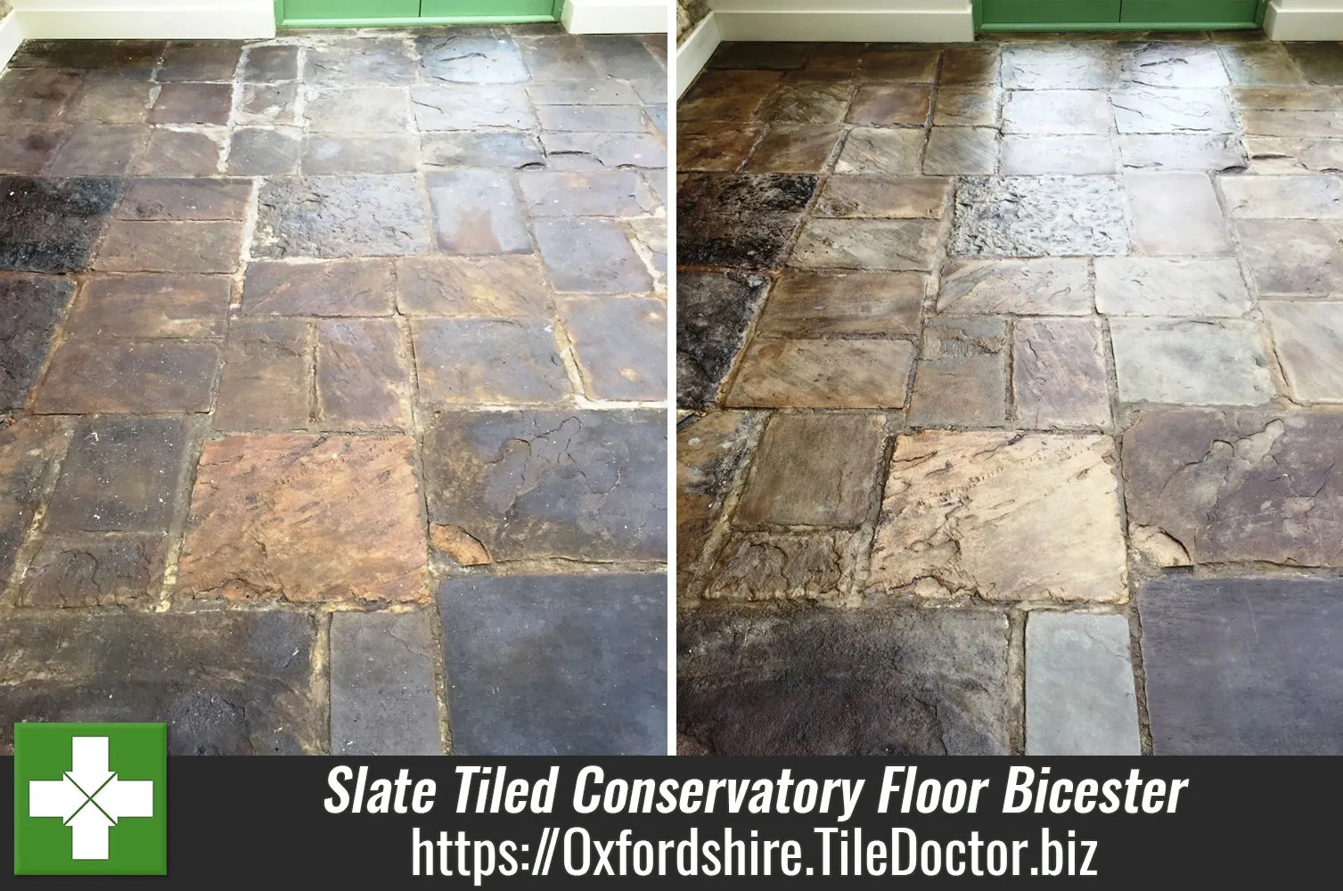 Slate Tiled Conservatory Floor Covered in Sticky Oil Residue Restored in Bicester